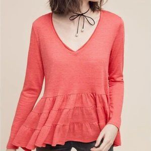 Anthropologie Deletta Red V-Neck Tiered Long-Sleeve Top